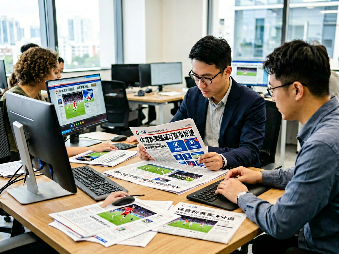 体育新闻编辑团队正在撰写赛事报道,桌上摆放着多台电脑和赛事资料
